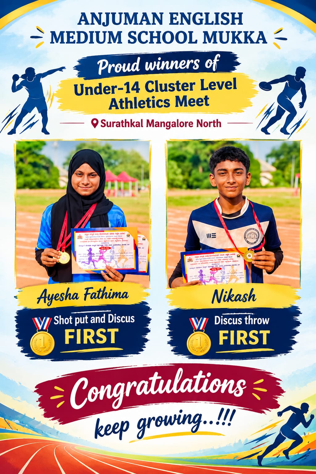 U-14 Cluster Level Athletics Meet — Ayesha Fathima (First in Shot Put & Discus) and Nikash (First in Discus Throw), Surathkal Mangalore North
