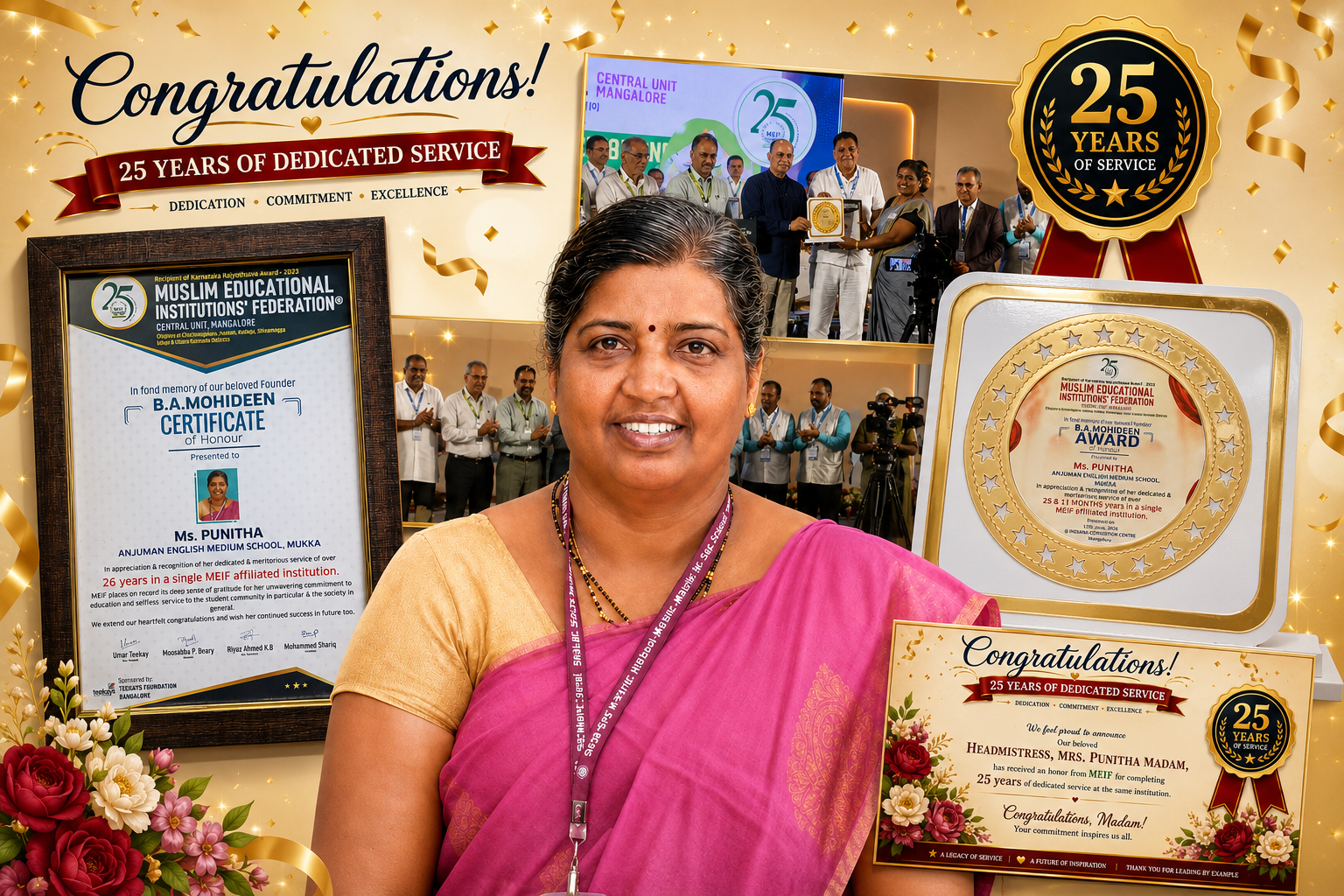 Head Mistress Mrs. Puneetha honoured by MEIF for 25 years of dedicated service