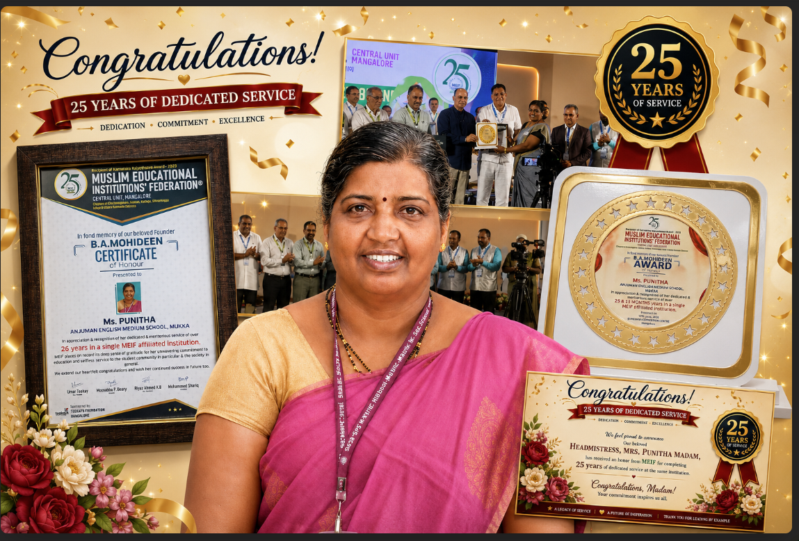 Head Mistress Mrs. Puneetha honoured for 25 years of dedicated service
