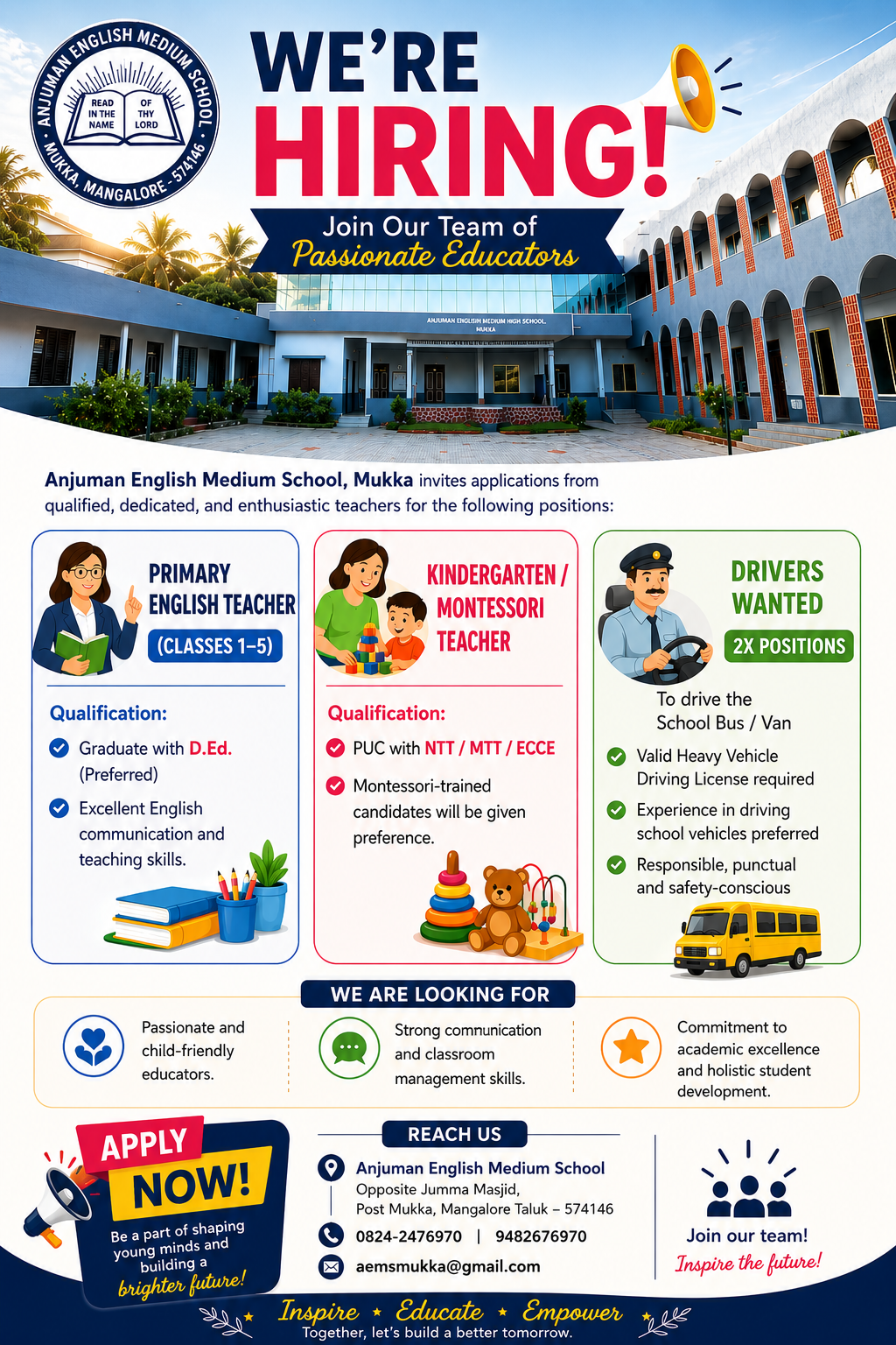 We're Hiring — Teachers and Drivers wanted at Anjuman English Medium School, Mukka